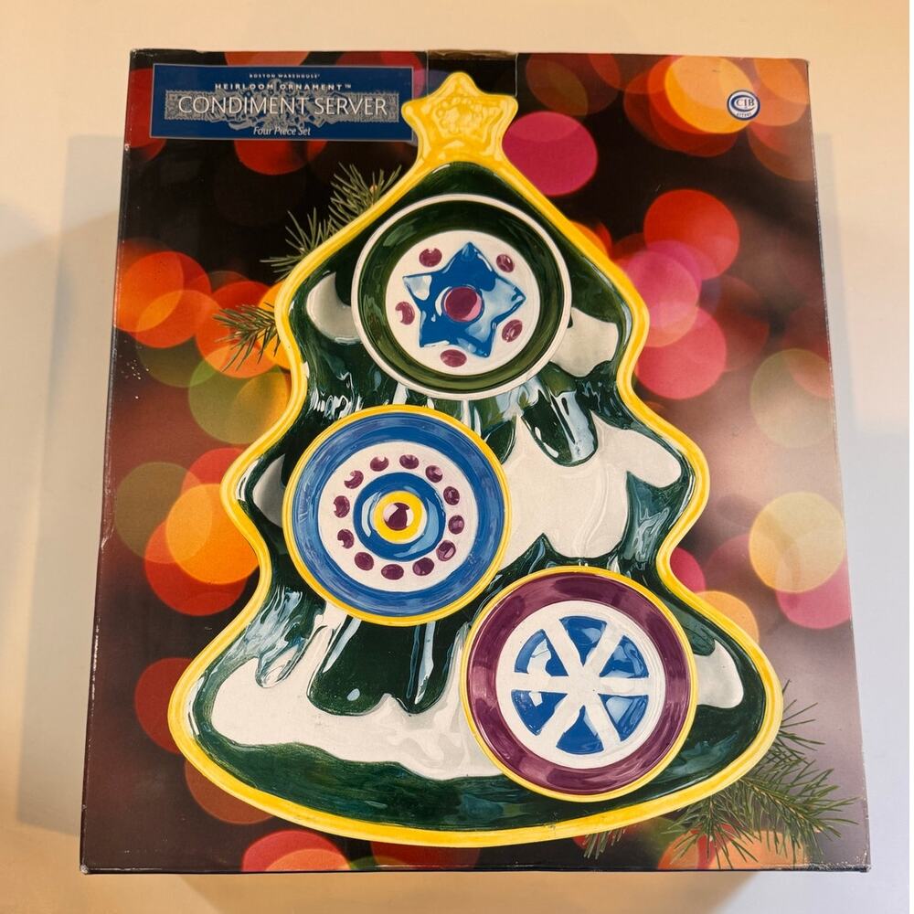 New in Box Vtg Boston Warehouse Heirloom Ornament Condiment Server Holiday 4pc
